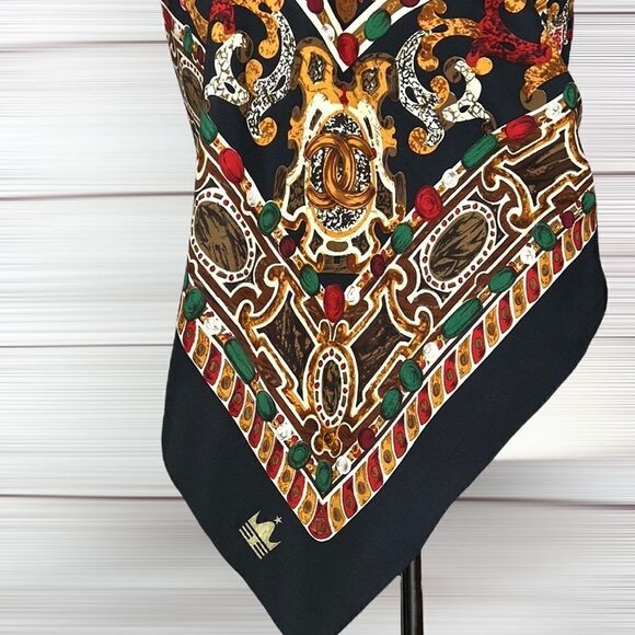 Shanghai SILK Large Silk Square Scarf Hand Rolled Black Multicolor - Picture 2 of 12